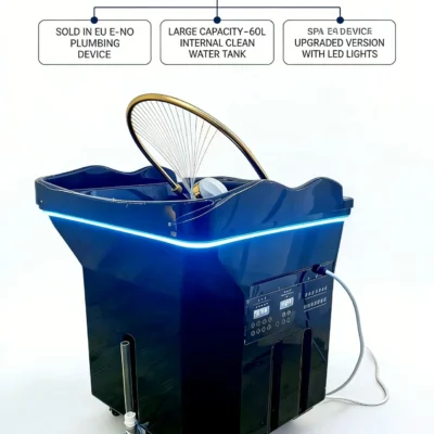 Fauteuil de lavage portable à LED avec massage du dos et lit de soin capillaire avec réservoir d'eau, idéal pour les salons de beauté.