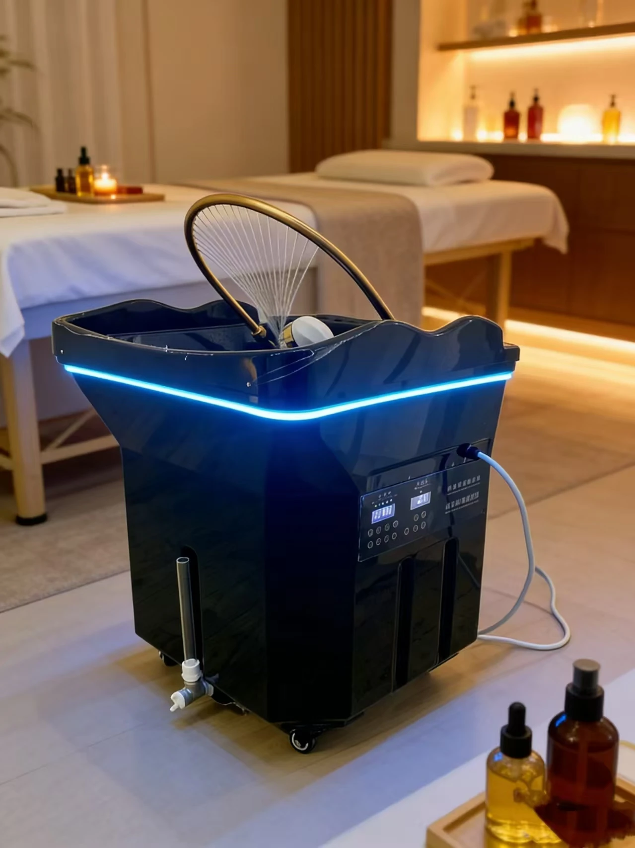 Fauteuil de lavage portable à LED noir pour soins capillaires, lit de spa avec réservoir d'eau pour salons de beauté – Image 6
