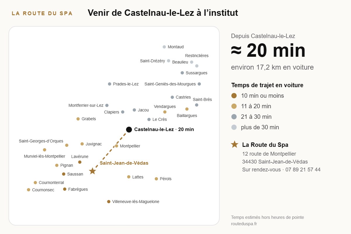 Carte du trajet de Castelnau-le-Lez à l’institut Head Spa La Route du Spa, Saint-Jean-de-Védas (environ 20 min)