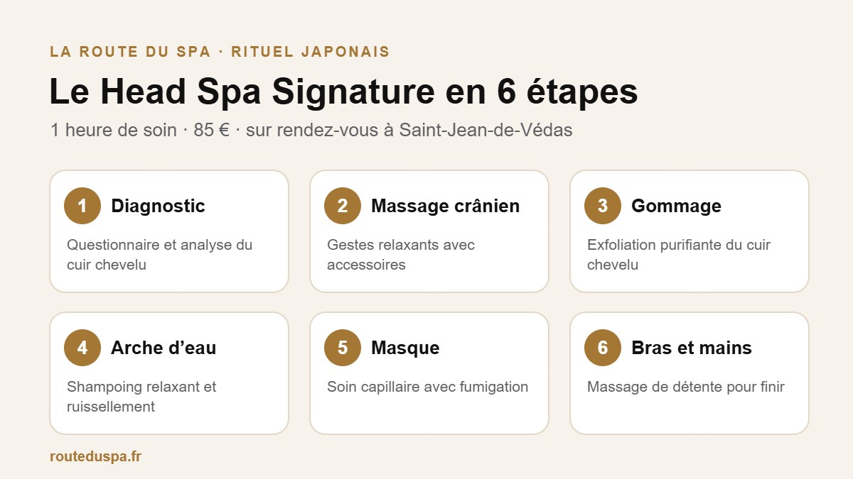 Les 6 étapes du rituel Head Spa Signature : diagnostic, massage crânien, gommage, arche d’eau, masque, massage des bras et des mains